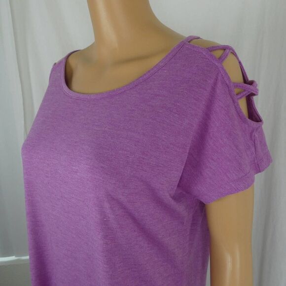 Yogalicious Purple Pink Round Hem Cold Shoulder Crisscross Strap T Shirt Tee Med - Picture 3 of 8